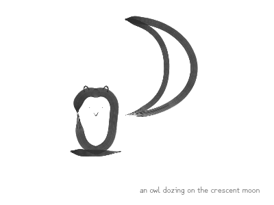 an owl dozing on the crescent moon